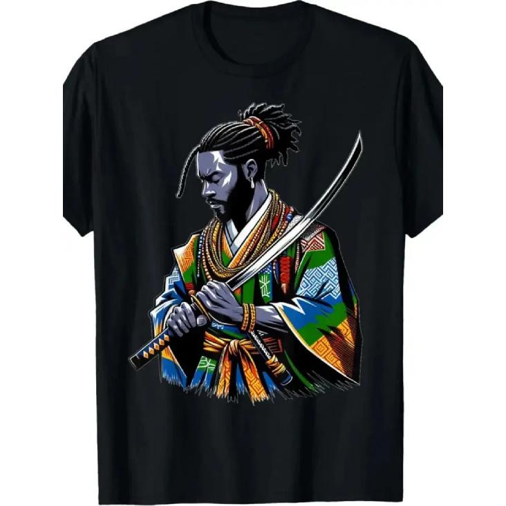 Unisex and Fashionable African American Samurai Anime Printed T-shirt, Round Neck, Soft Cotton Fabric, T-shirt, All Season Casual Short Sleeved S чёрный