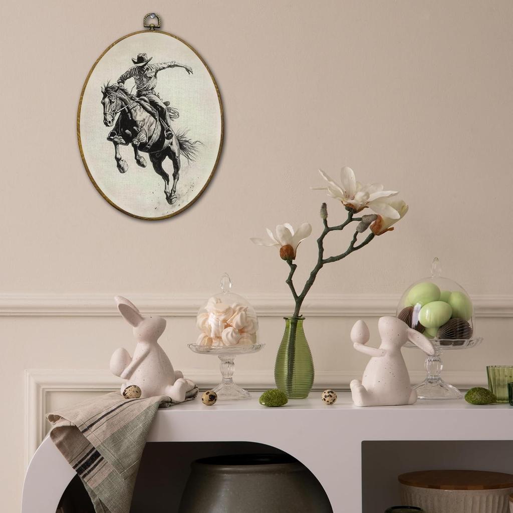 QZQE Vintage Western Cowboy Oval Wall Art Decor Framed, Rustic Country Cowboy Rodeo Oval Canvas Prints, Retro Western Horse Wall Hanging Decor for