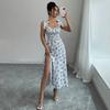 Hot Selling Women's Clothing Sweet Square Neck Dress Summer Floral Design Suspender Slit Dress