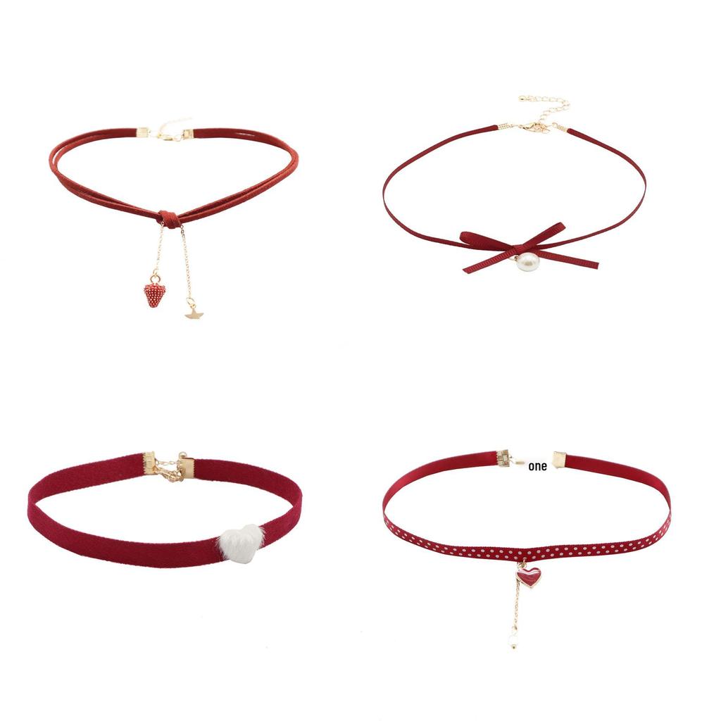 Burgundy Pearl Strawberry Pendant Ribbon Choker Necklace for Women