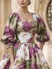 French Vintage Rose Print Puff Sleeve Dress - Elegant A-line Spring Garden Outfit