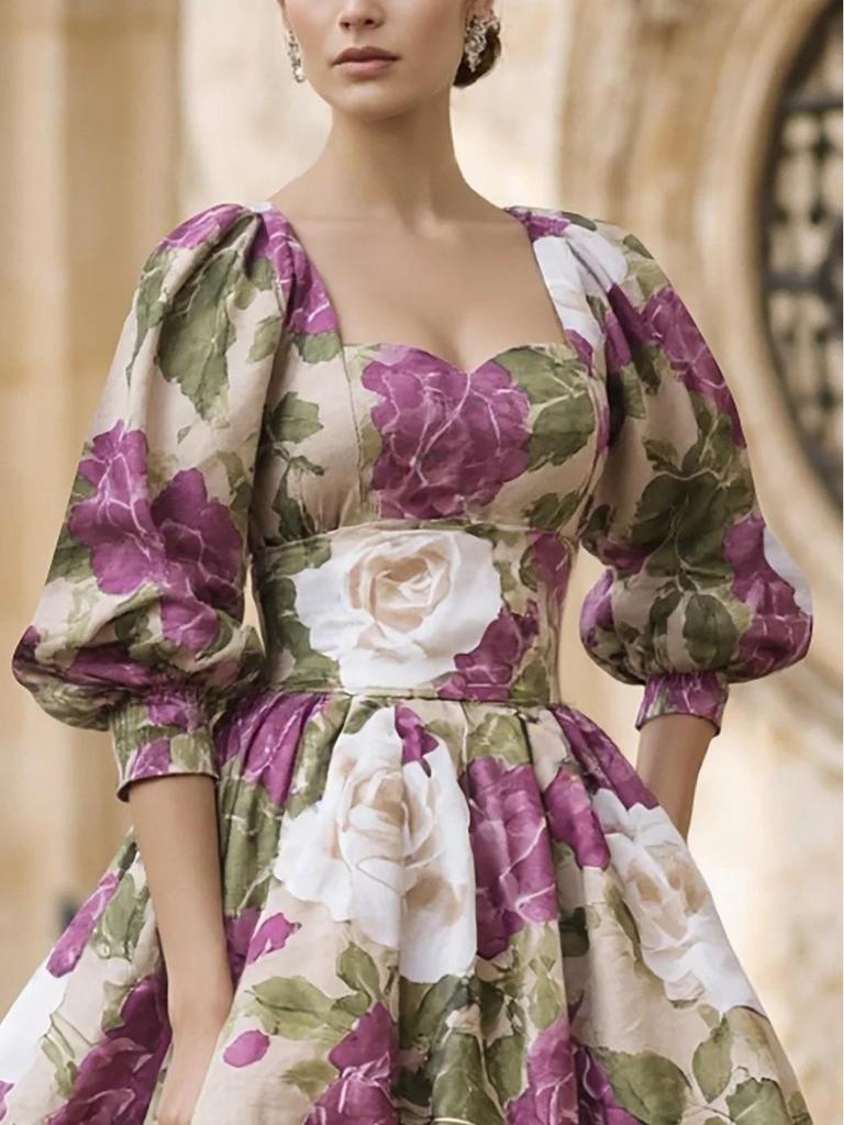 French Vintage Rose Print Puff Sleeve Dress - Elegant A-line Spring Garden Outfit