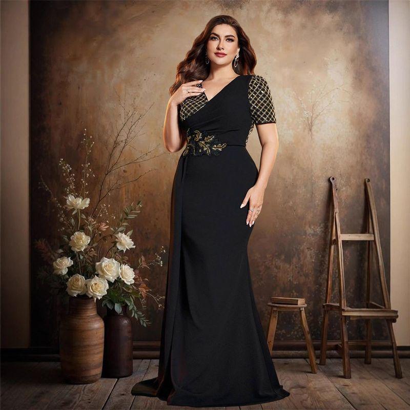 European and American Amazon Plus-Size Sequin Embroidered Patchwork V-Neck Short-Sleeve Elegant Evening Party Ball Gown Dress