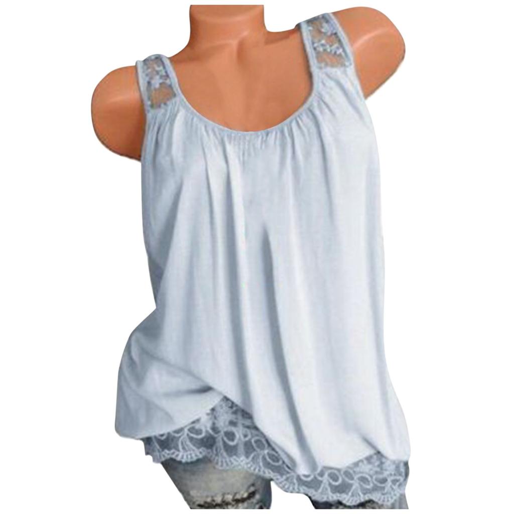 Women Summer 2022 Sleeveless Casual Solid Color O-Neck Lace Hem T-Shirt Tops Blouse