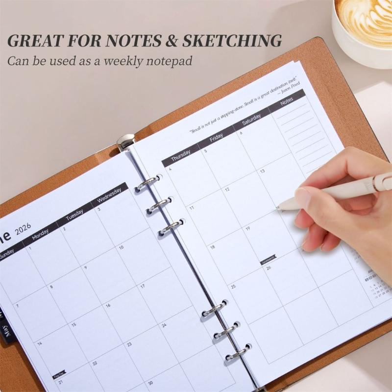 Refillable 2026 Weekly Planner 6 Rings Leather Binder Academic Journal with Dated Pages For Daily Scheduling 6.69x9.06In