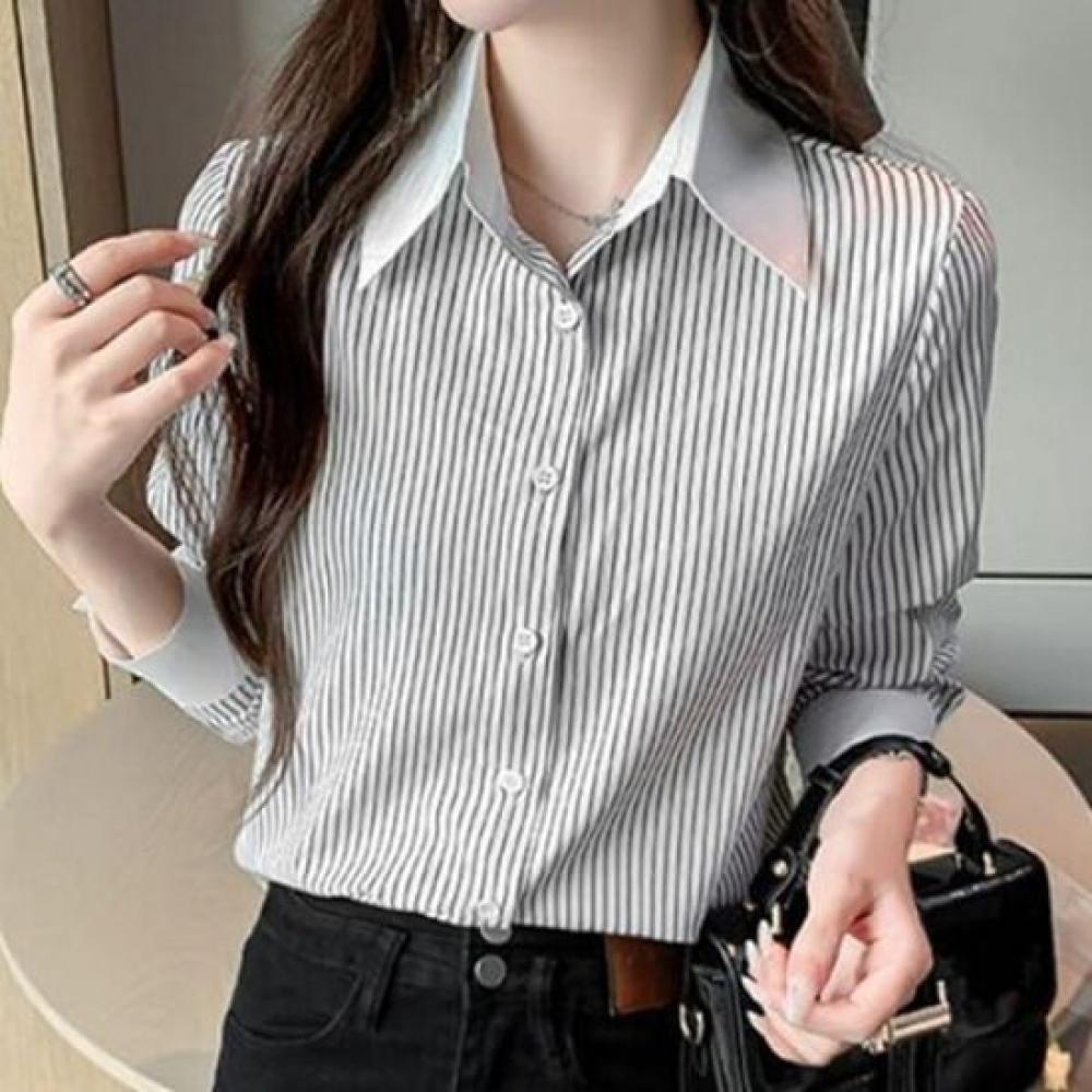 Navava Women Modern Basic Stripe Long Sleeve Shirt Nb3036