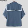 INCERUN Oversized Men Naval Collar Short Sleeve Stitching Casual Loose Shirts Tops