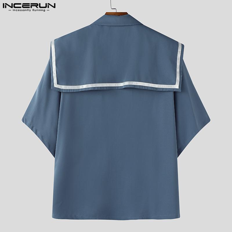 INCERUN Oversized Men Naval Collar Short Sleeve Stitching Casual Loose Shirts Tops