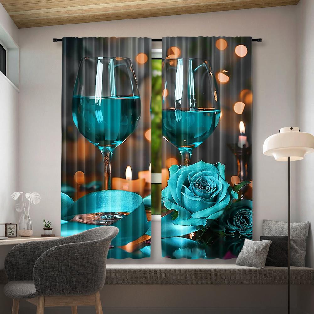 2pcs   Romantic Blue Rose And Kitchen Curtain for Home Decor   Rod Pocket Window Treatment   for Bedroom   Office   Kitchen   Living