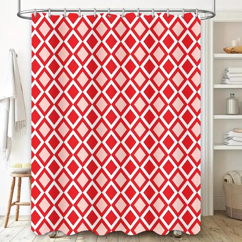 Modern Bath Curtain with Red and Black Diamond Pattern Waterproof Fabric Shower Coo