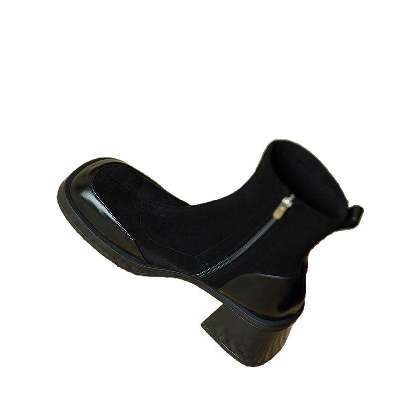 Black French retro versatile boots for women 2025 new super fire elastic thin boots square heel round head fashion boots for women