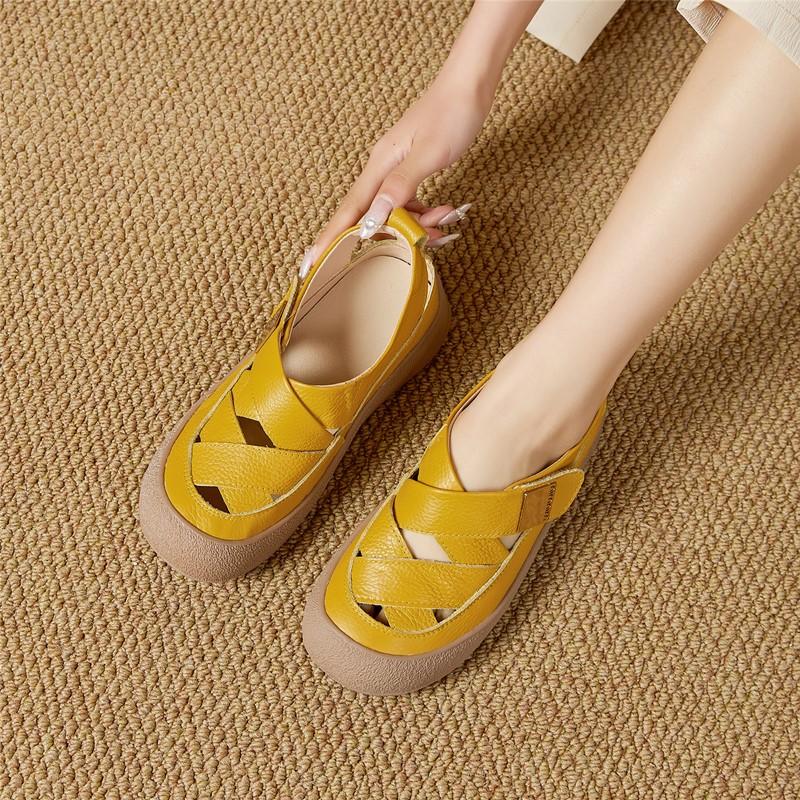 New Flat Women's Sandals Shoe Genuine Leather Woven Pig Cage Shoes Women Anti-slip Summer Hollow-out Female Shoes