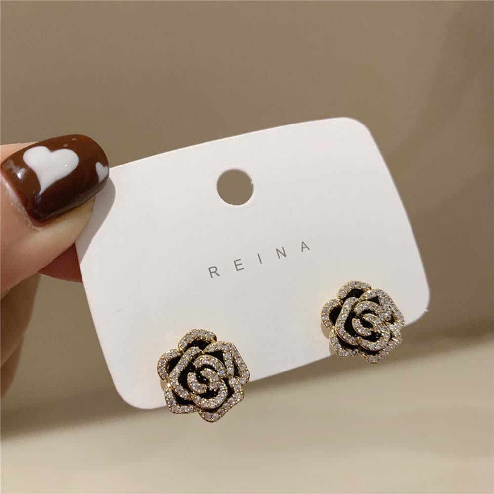 Girls Retro Flower Black Rhinestone French Stud Earrings Zinc Zinc Alloy Camellia Earrings Fashion Jewelry