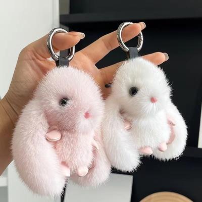 Cute Fluffy Rabbit Keychain Ring Plush Pompon Bunny Bag Pendant for Couple Car Key Ring Gifts