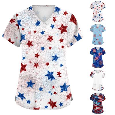 Women's Fashionable Casual Independence Day American Flag And Stars Print V-neck Short-Sleeved Work Shirt With Double Side Slits And Pockets
