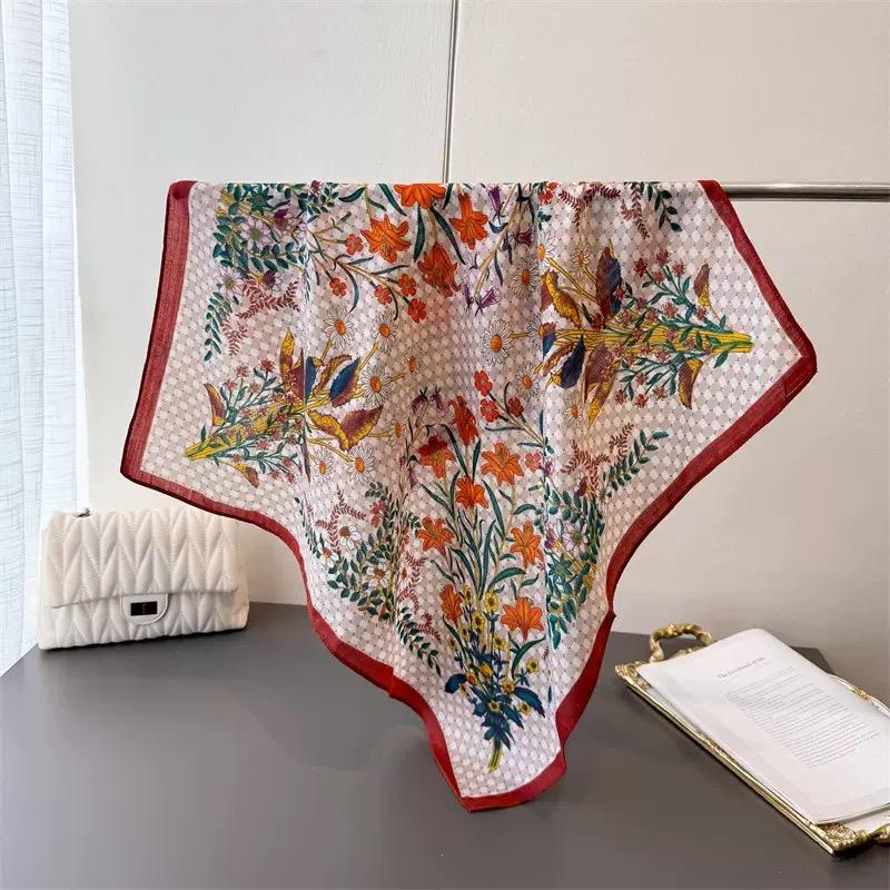 2024 Luxury Animals Floral Print 70cm Cotton Velvet Square Scarf for Women Soft Neckerchief Lady Hijab Neck Tie Hair Headbands