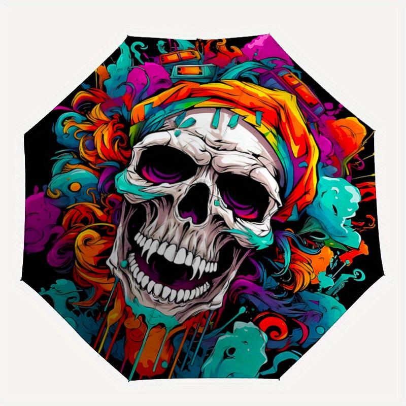1pc Colorful Skull Design Automatic Opening/Closing Umbrella - Portable 3-Fold Design, 8-Bone Iron Frame Outdoor Umbrella, Ideal Gift for Fans, T