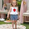 Girls' Strappy Top With 3D Strawberry Flowers & Embroidered Denim Shorts