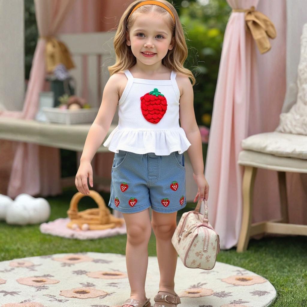 Girls' Strappy Top With 3D Strawberry Flowers & Embroidered Denim Shorts