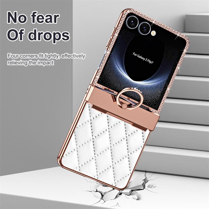 For Samsung Galaxy Z Flip7 5G PU Leather Plating Glitter Bling Diamond Ring Hinge Phone Case Screen Protect Film ShockproofCover