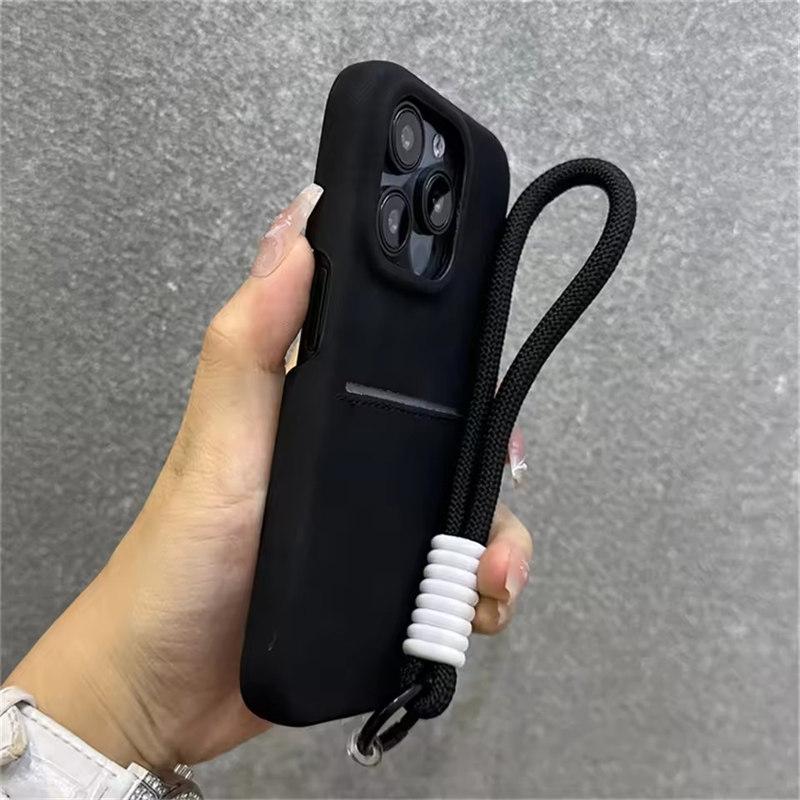 

Матовый держатель для карт с ремешком на запястье для iPhone 16 15 Plus 13 12 14 Pro Max кожаный чехол-бампер для камеры iPhone 16 Pro Max чёрный