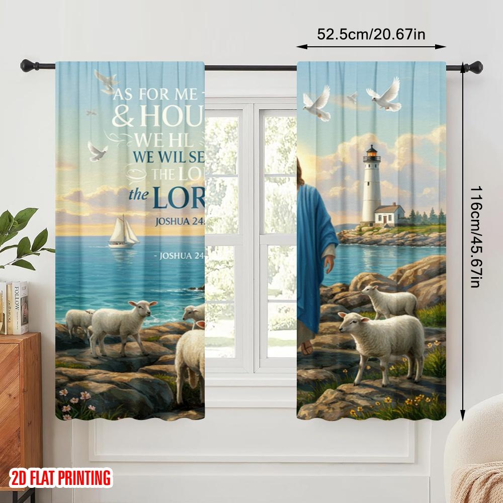 2pcs 2D flat printing Party Curtain Jesus Sheep Lord Joshua Polyester Without Electricity Festive Holiday Perfect for Home Wall