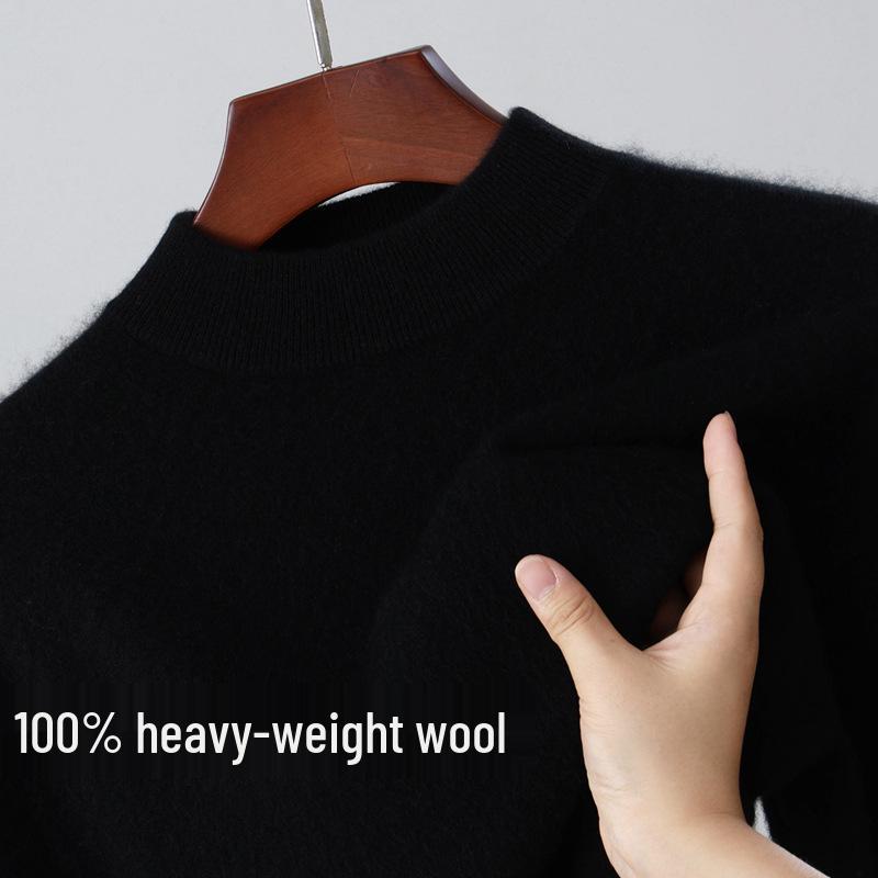 Men's 100% Pure Wool Half-High Collar Thick Knit Pullover Sweater