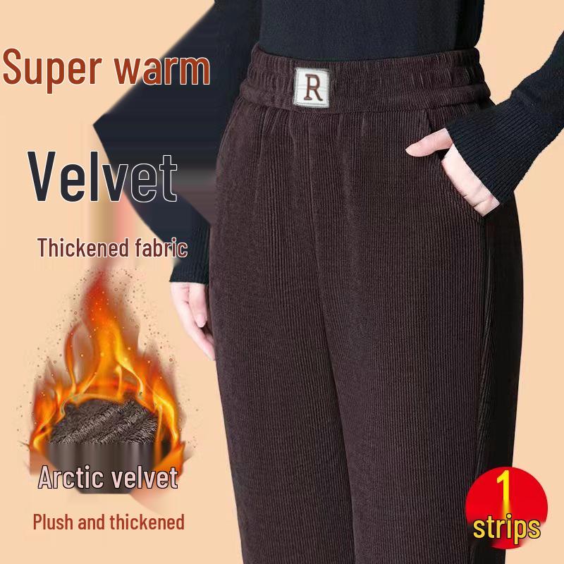 High-Waist Velvet Chenille Corduroy Pants for Middle-aged Women - Warm, Elastic, Casual Straight Fit
