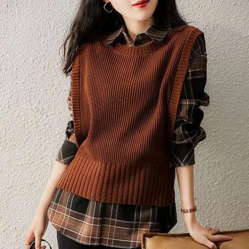 

Жилет для женщин Трикотажный свободный майка без рукавов свободный свитер жилет однотонный повседневный круглый вырез жилет L коричневый