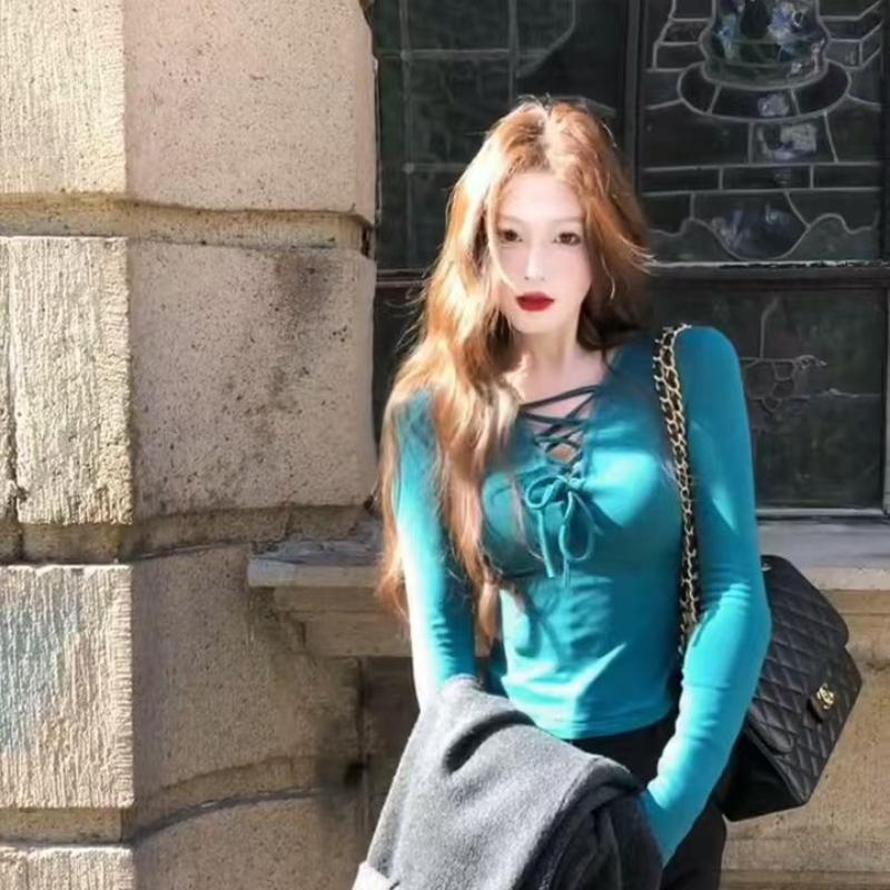 Women's Strap V-neck Bottoming Shirt Blue Green Long Sleeve Slim Fitting  Female's Pullover Korean Hot Girls Sexy Clothes – buy the best products in  the Ayzeze online store