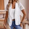 Ladies Short Sleeve Tailored Collar Lace Hollow Out Solid Color Cardigan Jacket Suit Coat