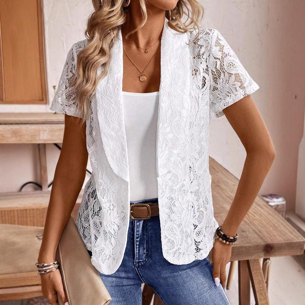 Ladies Short Sleeve Tailored Collar Lace Hollow Out Solid Color Cardigan Jacket Suit Coat