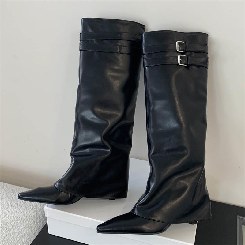 Street Style Fashion Pointed Toe Buckle Strap Women Knee High Boots Thin Low Heels Party Winter Long Boots Ladies Shoes