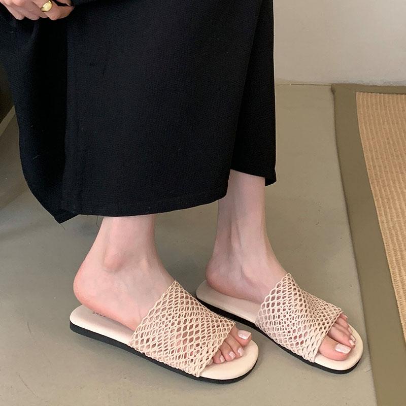 Fashion Luxury Fashion Mesh Breathable Ladies Flats Slippers Shoes New In Summer Beach Slides Women Flats Slippers Female Sandals Shoes