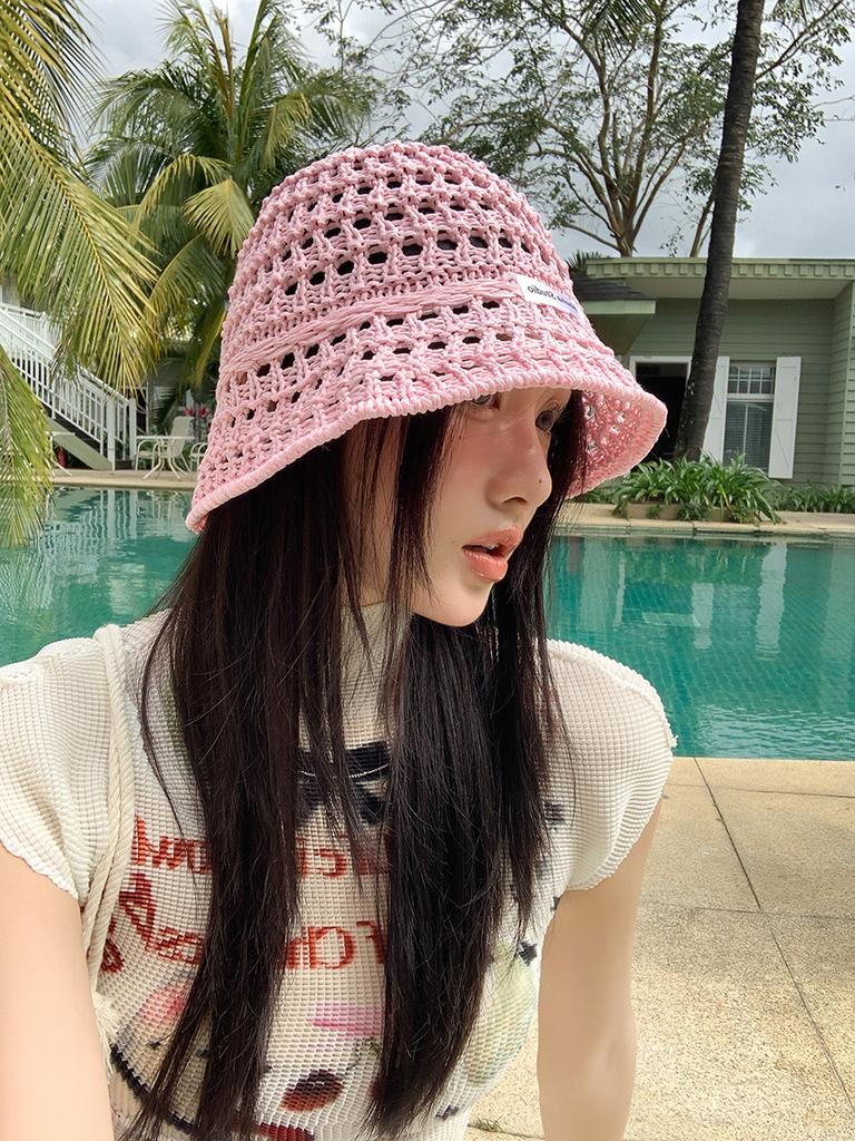 Hollow straw hat women's summer bucket hat sunshade sunscreen hat straw woven basin hat show face small bucket hat