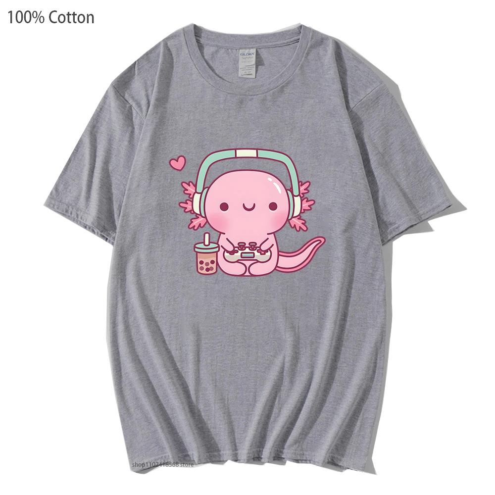 T-shirt mignon Axolotl jouant aux jeux vidéo Dessin animé Gamer Imprimé drôle T-shirt Vêtements pour femmes Vêtements pour hommes Y2k T-shirt en coton