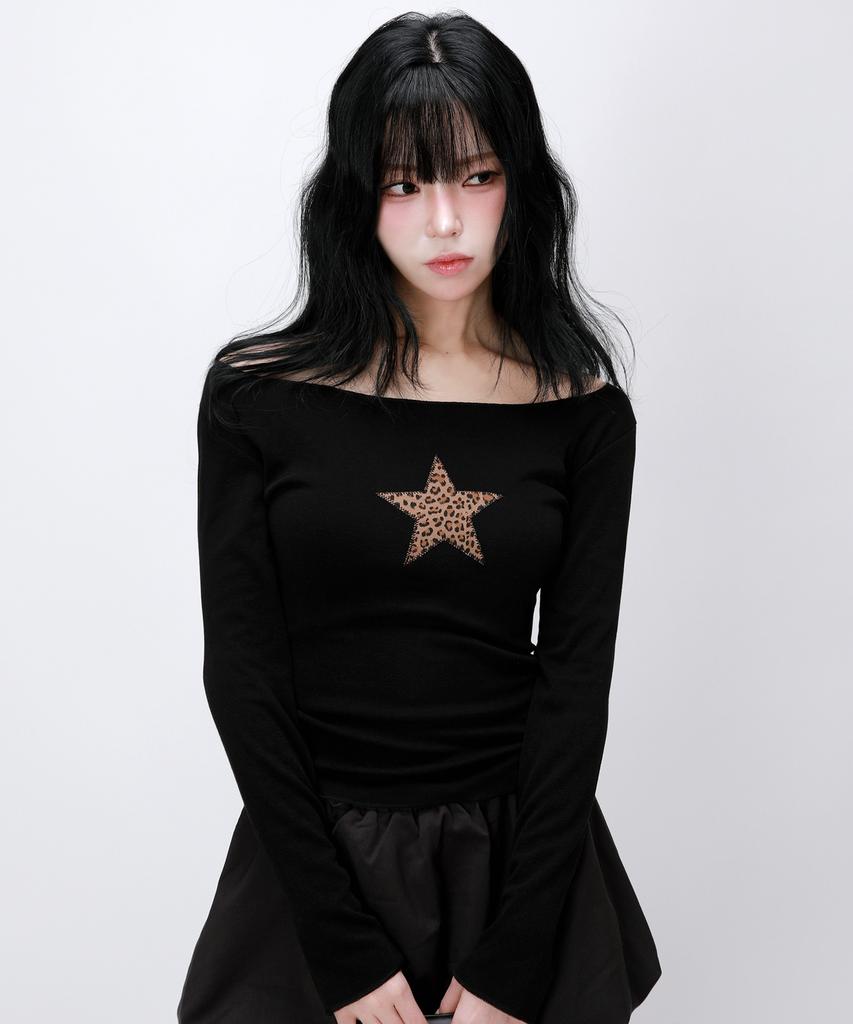 LIKE THE MOST Leopard Star Applique Long Sleeve Top T-Shirt_Black