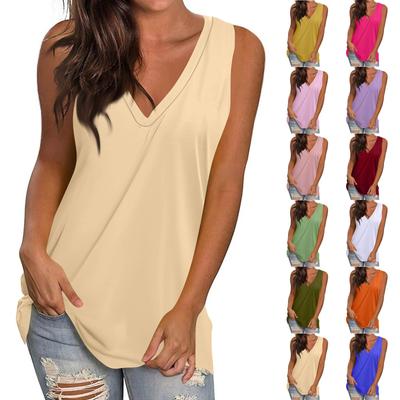 Women's Casual Fashion V-Neck Sleeveless Top Solid Color Vest T-Shirt
