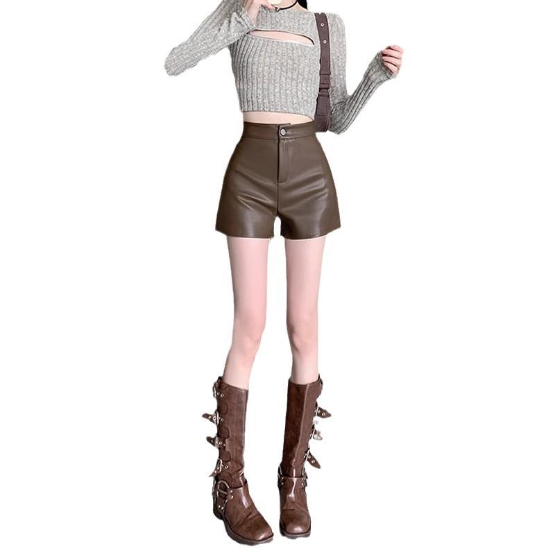Women's Fall Spring Outer Wear High Waisted A-Line Slimming Petite Fashion Wide Leg PU Leather Shorts Coffee Mini Shorts