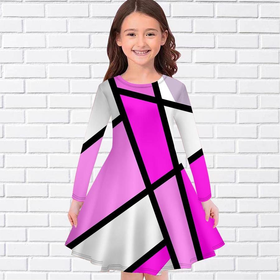 Mädchen Lässig Geometrischer Linien Gitterdruck Rundhals Langarm Kleid Kinder Prinzessinnenkleid