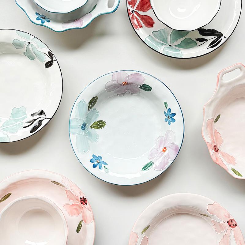 Kwiatowa Japońska Zastawa Stołowa Ceramiczna Miska Kolorowana Podszkliwniem Talerz Domowy Restauracyjny Wysokiej Wartości Miska z Dwoma Uchwytami Talerz Kapelusz Słomkowy