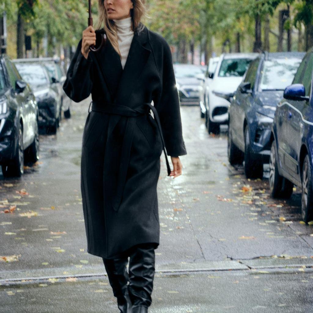 Zara Belted Minimalist Comfortable Versatile Long Coat Women Coats Black 09174141-35