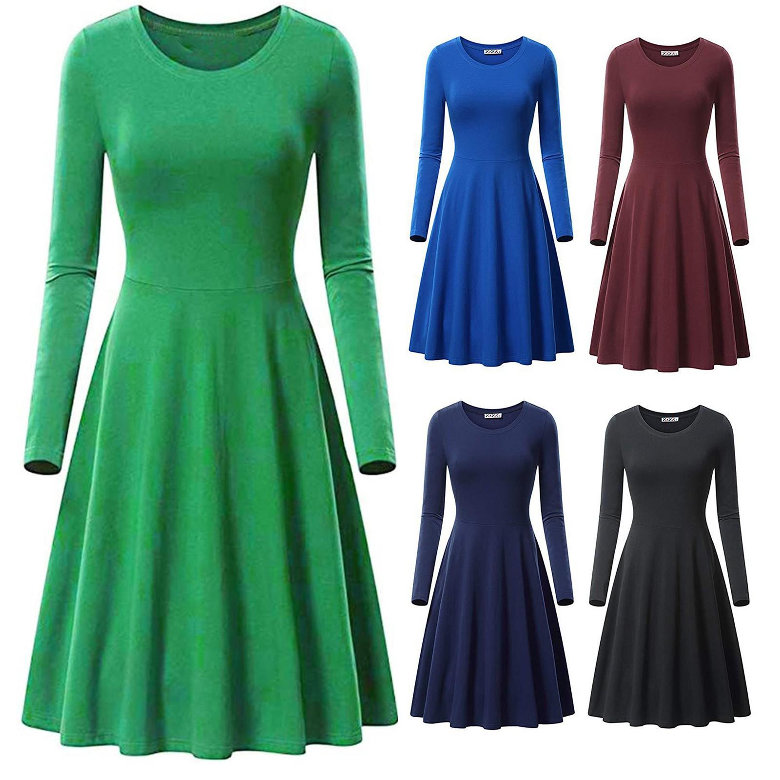 

Fashion Womens Color Long Sleeve Casual A-line Cotton Mini Dress