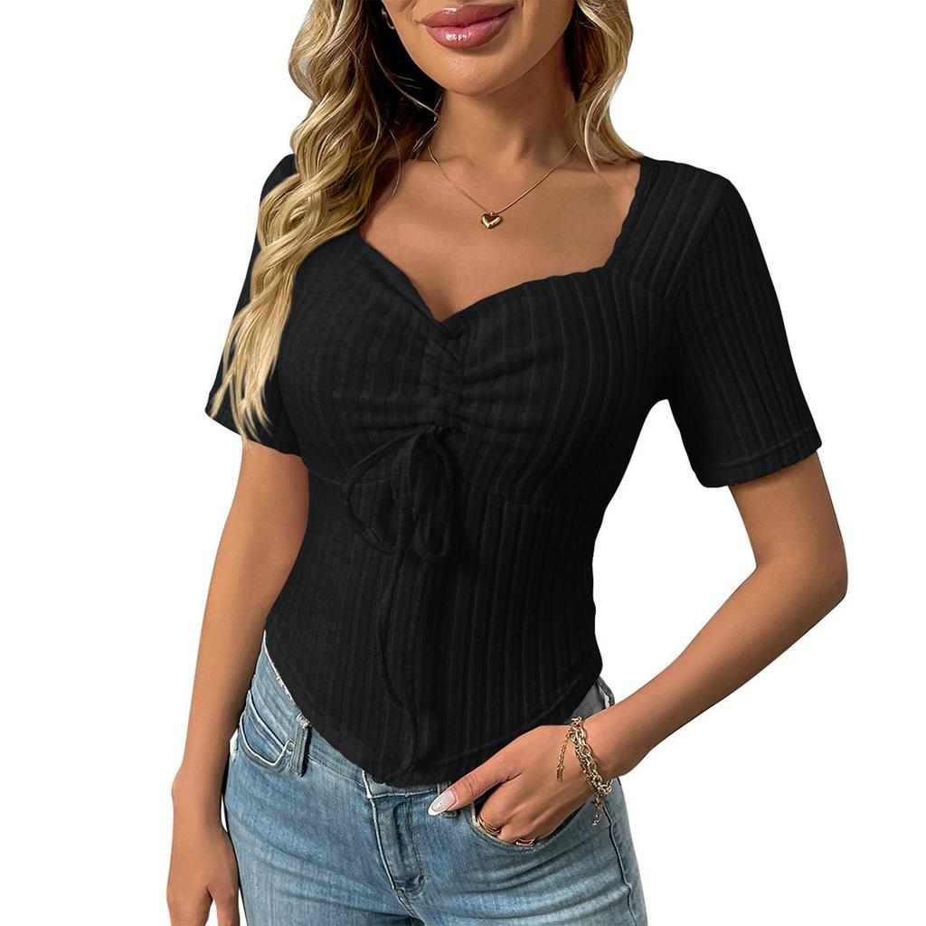 Dámská móda Jednobarevný V výstřih Skládaný Stahovací Šňůrka Sexy Top s Krátkým Rukávem