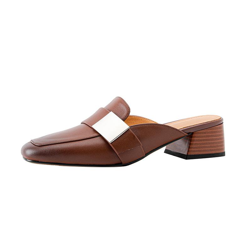 

Весенне-летние кожаные верхние тапочки на толстом среднем каблуке с маленьким квадратным носком, женские сандалии Baotou 39 коричневый