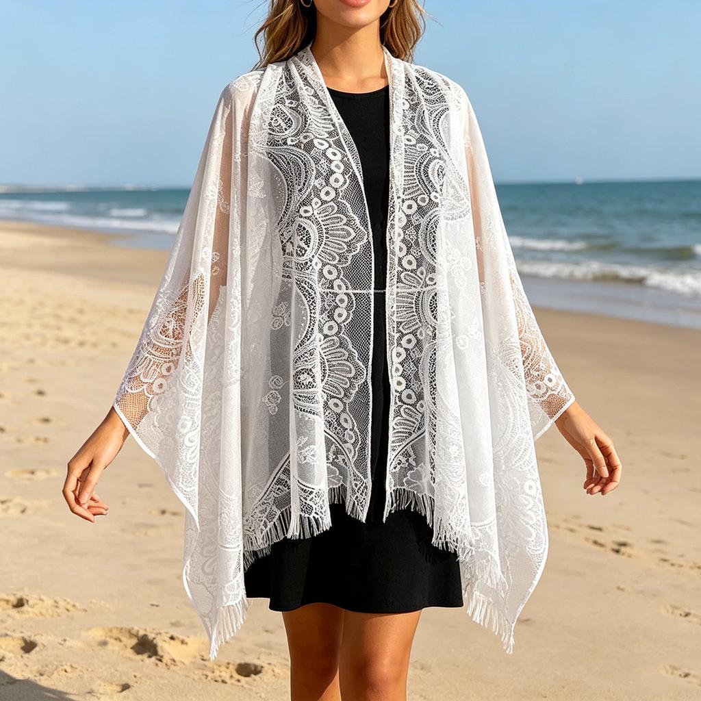 Women's Lace Shawl Fringe Cover Up Hollow Out Sheer Poncho Sun Protection Wrap for Travel Beach Holiday
