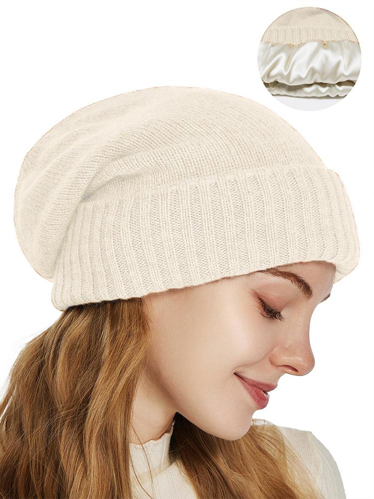 Women's Winter Hat 100% Pure Wool Knitted Satin Line 2 Layer Soft Warm Sleep Cover Beanies Elastic Fashion Slouchy SKi Cap Men