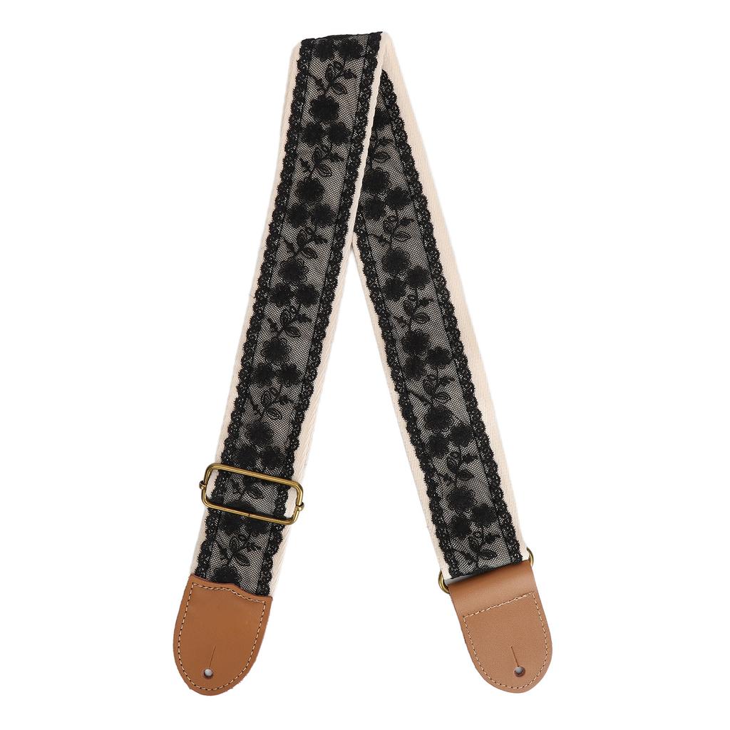 Kytarový popruh Černý krajkový design Nastavitelná délka Univerzální popruh pro basové, elektrické, akustické kytary