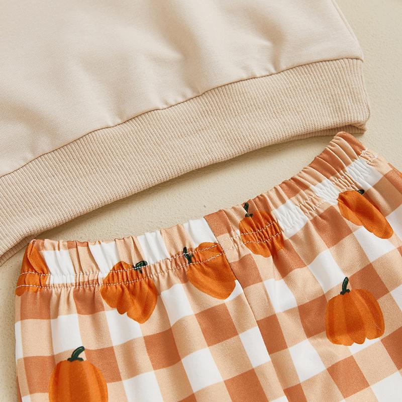 Baby Girls Halloween Set Letter Embroidered Long Sleeve Sweatshirt Plaid Pumpkin Flare Pants Outfits