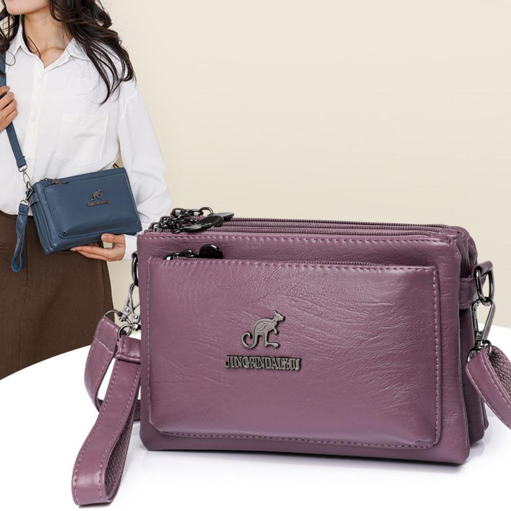 Retro Multiple Zip Pockets Shoulder Bag Soft Square Phone Bag PU Leather Crossbody Bag  Elderly